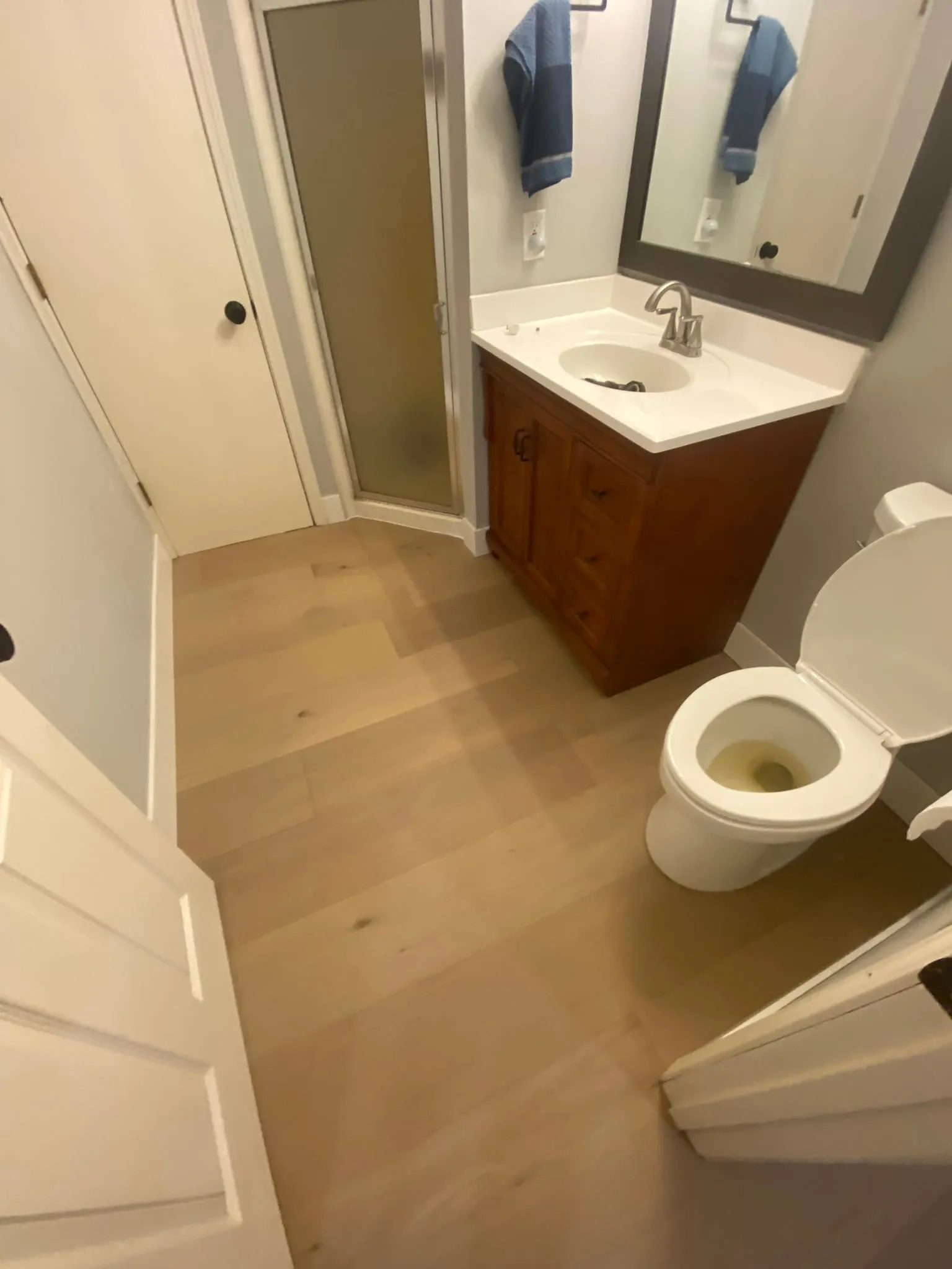 Bathroom with new engineered hardwood floor